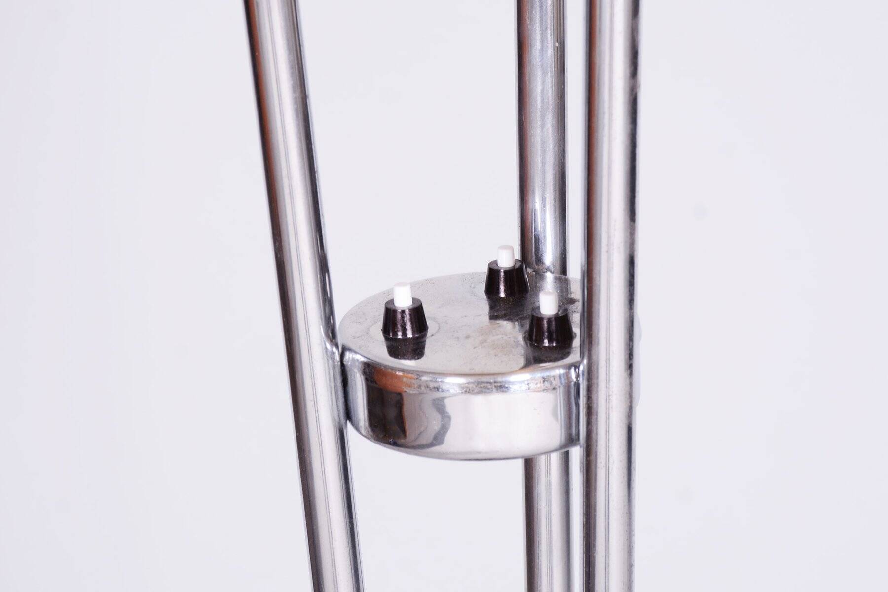 Czech Art Deco Floor Lamp in Chrome, Opal Glass and Lacquered Wood, 1930s