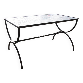 Ancienne table basse en céramique combat de coqs