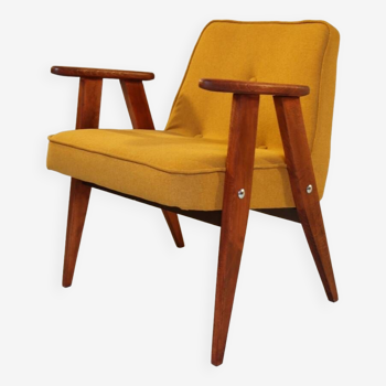 Scandinavian vintage armchair Mid century modern design 1962 by Chierowski yellow mellow fabrics walnut wood colour