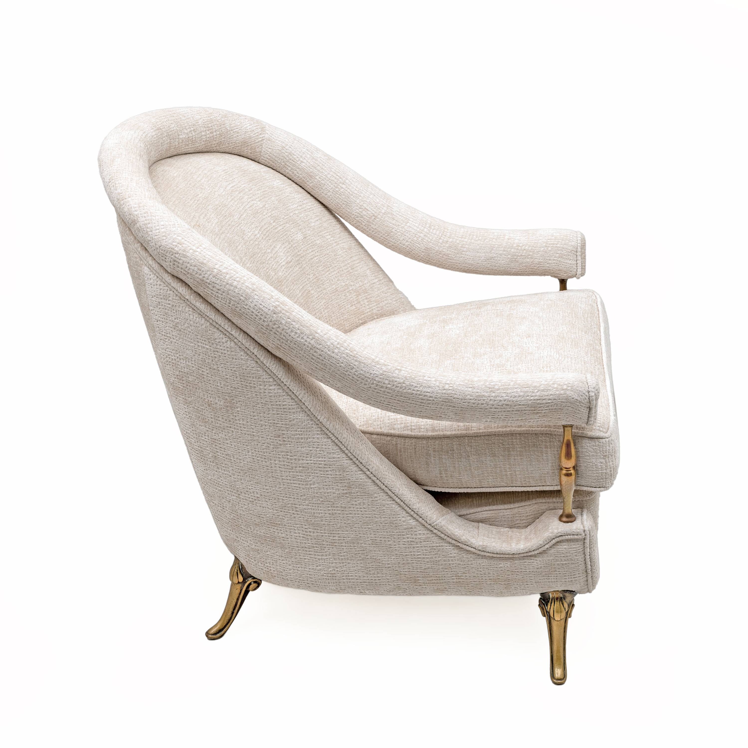 Pair of French Mid-Century Armchairs in Art Deco Style with Brass Details