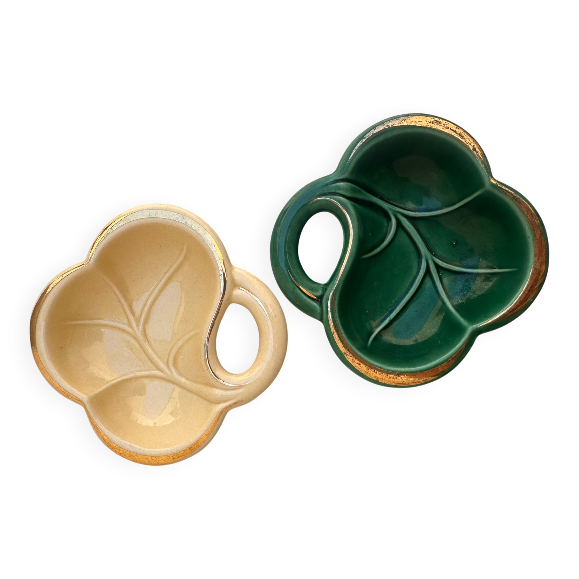 Vintage ceramic pocket trays, leaf shape – Green and cream