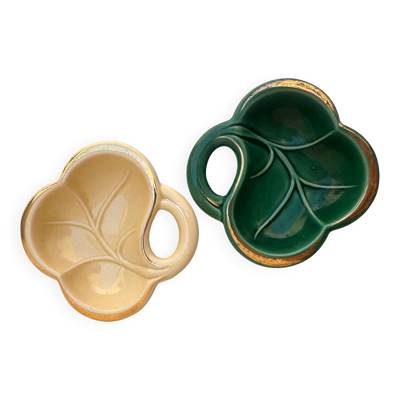 Paire de vide-poches vintage en céramique, forme feuille – Vert et crème