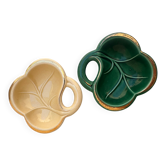 Paire de vide-poches vintage en céramique, forme feuille – Vert et crème