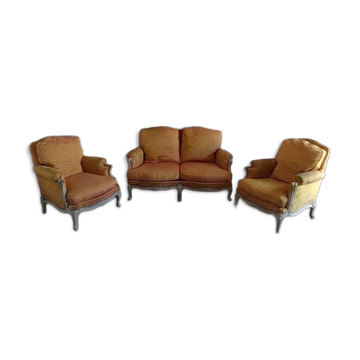 Complete living room set with 2-seater sofa + 2 armchairs restored in Louis XV style.