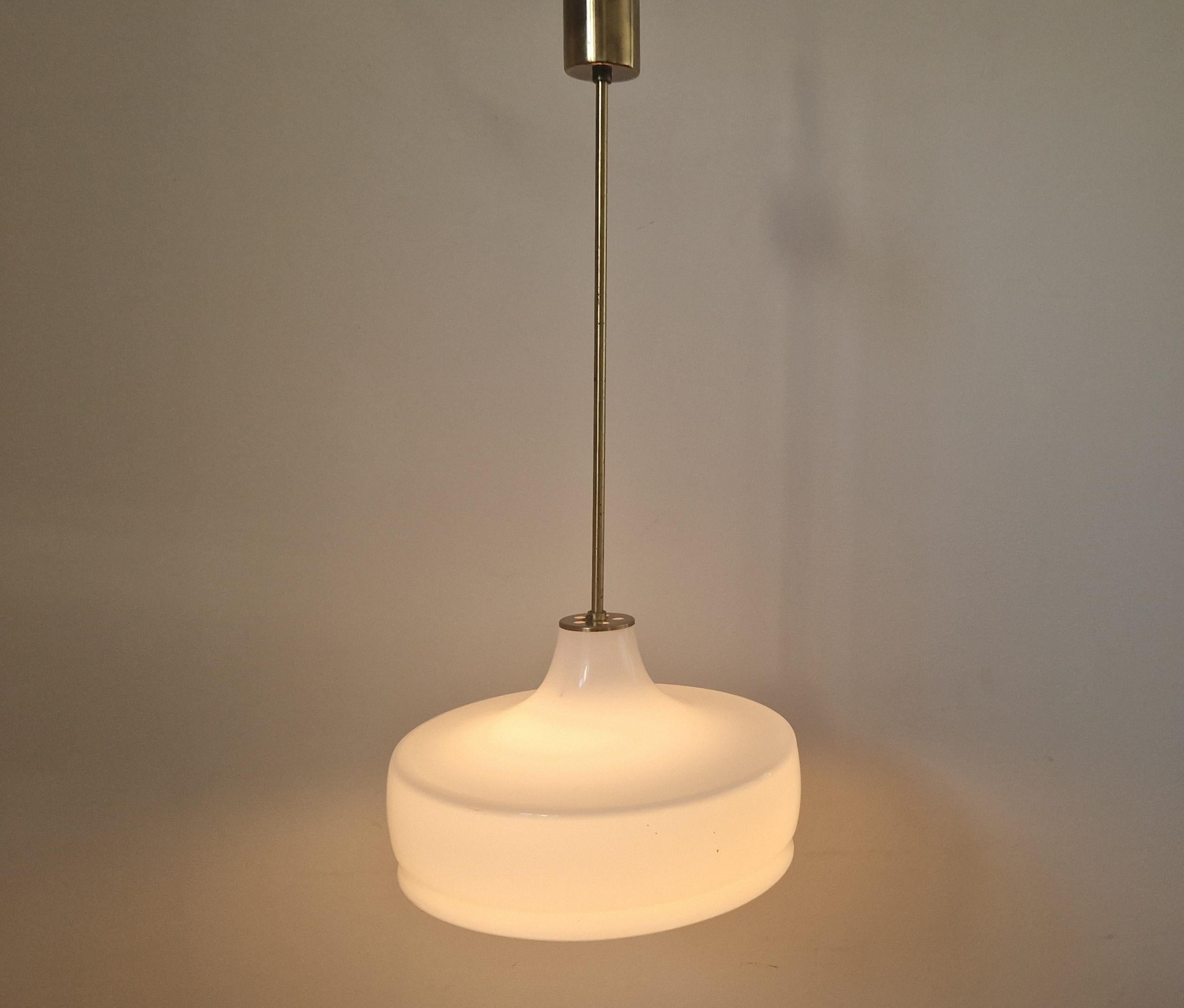 Rare Midcentury Brass and Milk Glass Pendant Kamenicky Senov, 1970s