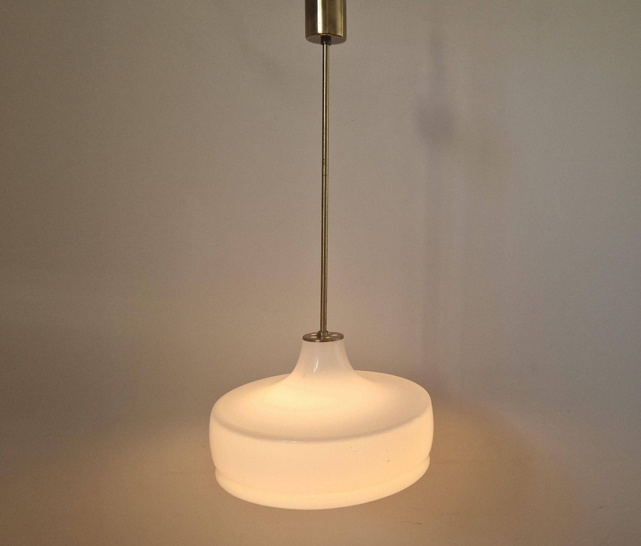 Rare Midcentury Brass and Milk Glass Pendant Kamenicky Senov, 1970s