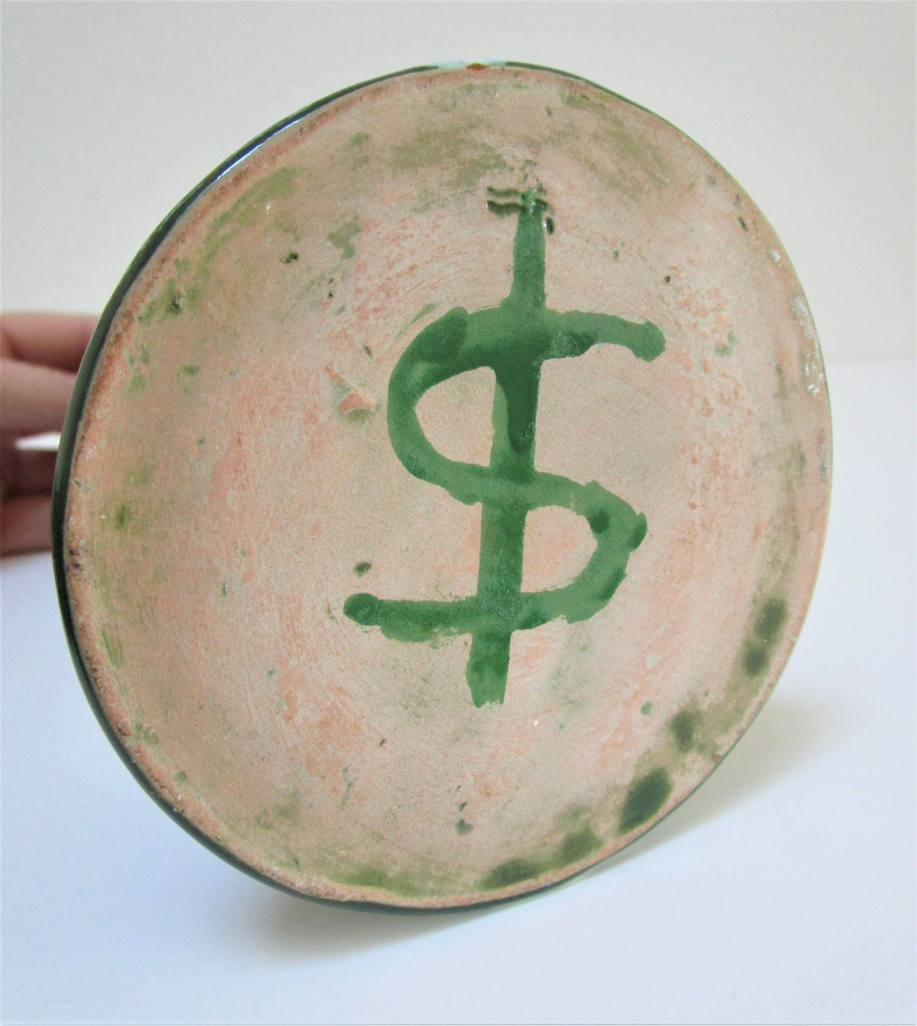 enamelled ceramic candle holder signed "S" plant decoration 70s