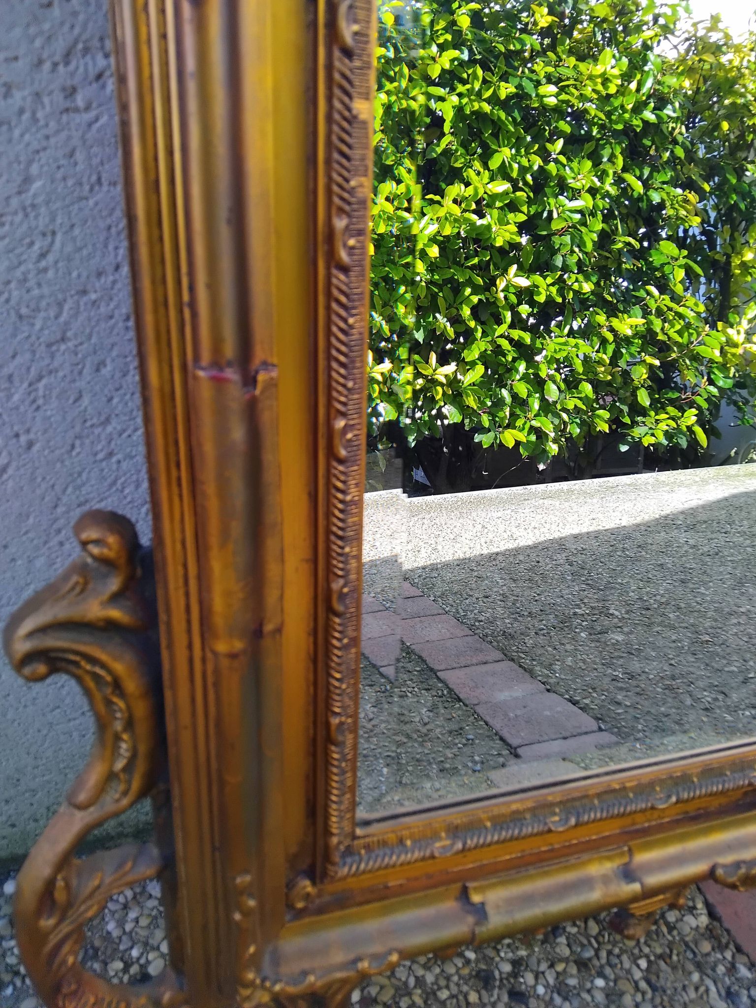 Old large Louis XV style mirror, stucco, wood, resin, beveled