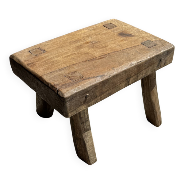 Petit stool, tabouret d'appoint en teck massif ovale wabi-sabi H25 37x27