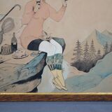 French School of the 20th Century "The Mountaineers' Picnic" Ink and watercolor drawing signed