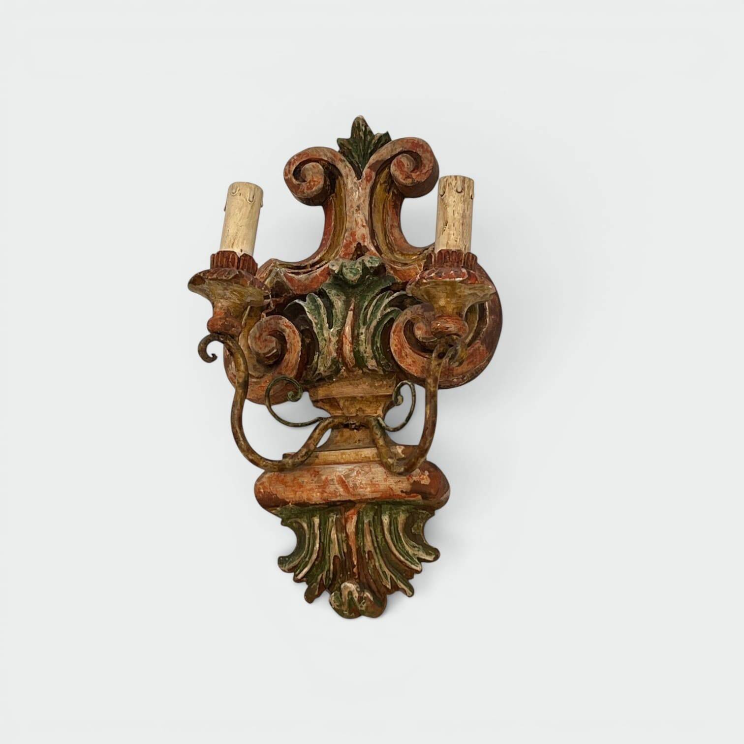 Pair of Polychrome Carved Wood Wall Lights with Vase and Acanthus. Arm in Iron.