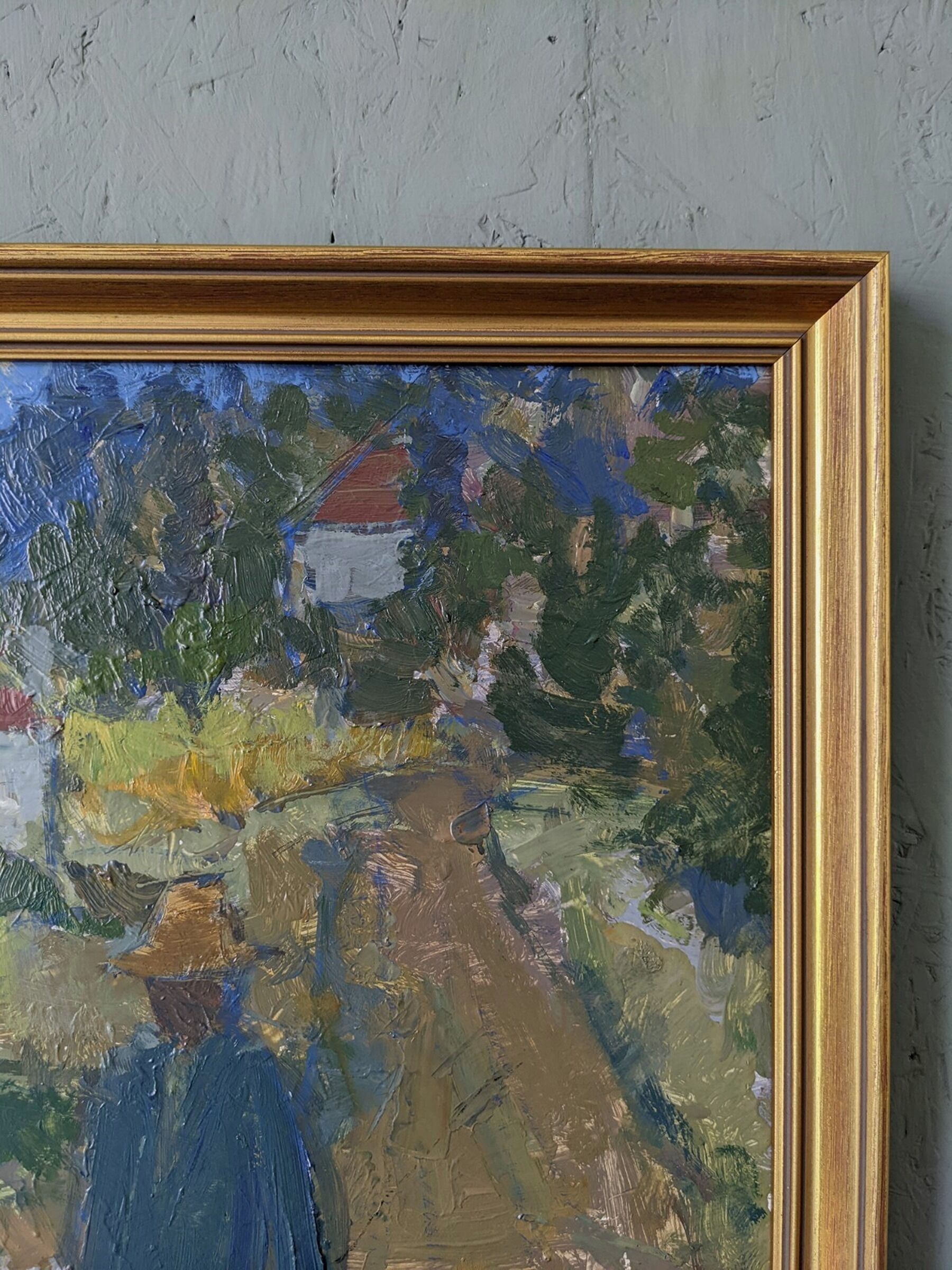 Mid-century modern swedish "forest houses", vintage abstract street scene framed oil painting