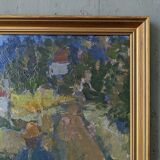 Mid-century modern swedish "forest houses", vintage abstract street scene framed oil painting