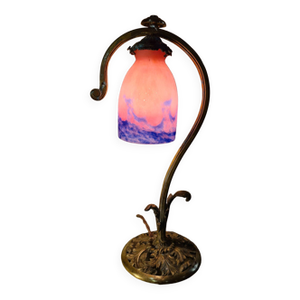 Art nouveau bronze lamp 1880 to 1900, with muller and brother style tulip unsigned 43x21