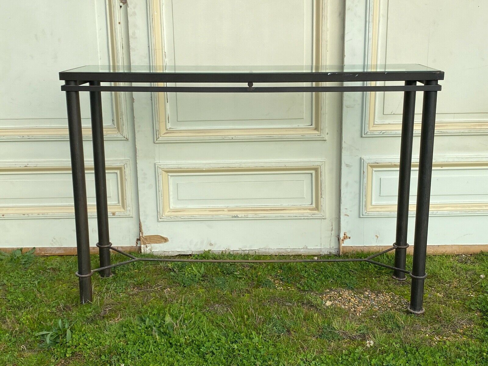 Iron console forged glass top xxeme pietement in x