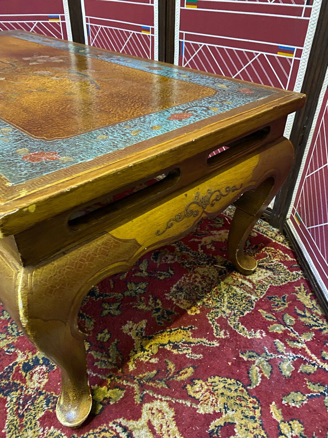 Chinese, Asian wooden coffee table nature peacock scene