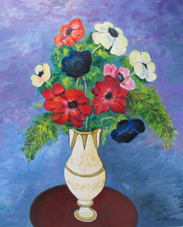 Peinture à l’huile sur panneau de bois nature morte vase bouquet de fleurs signé