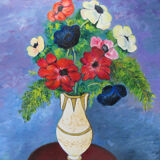 Oil painting on wood panel still life vase bouquet of flowers signed