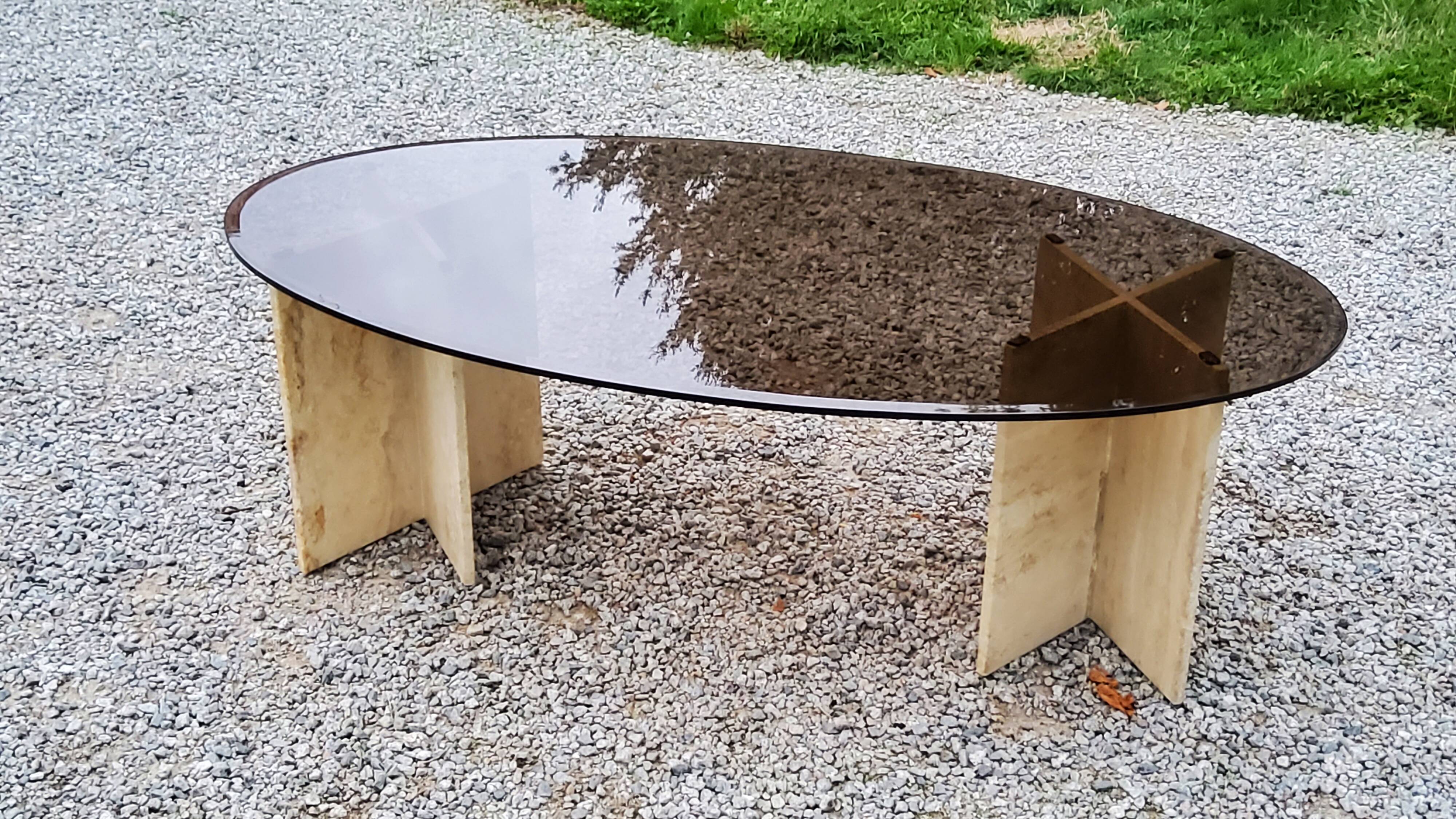 70s travertine and smoked glass designer coffee table