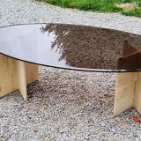 Table basse design en travertin et verre fumé des années 70