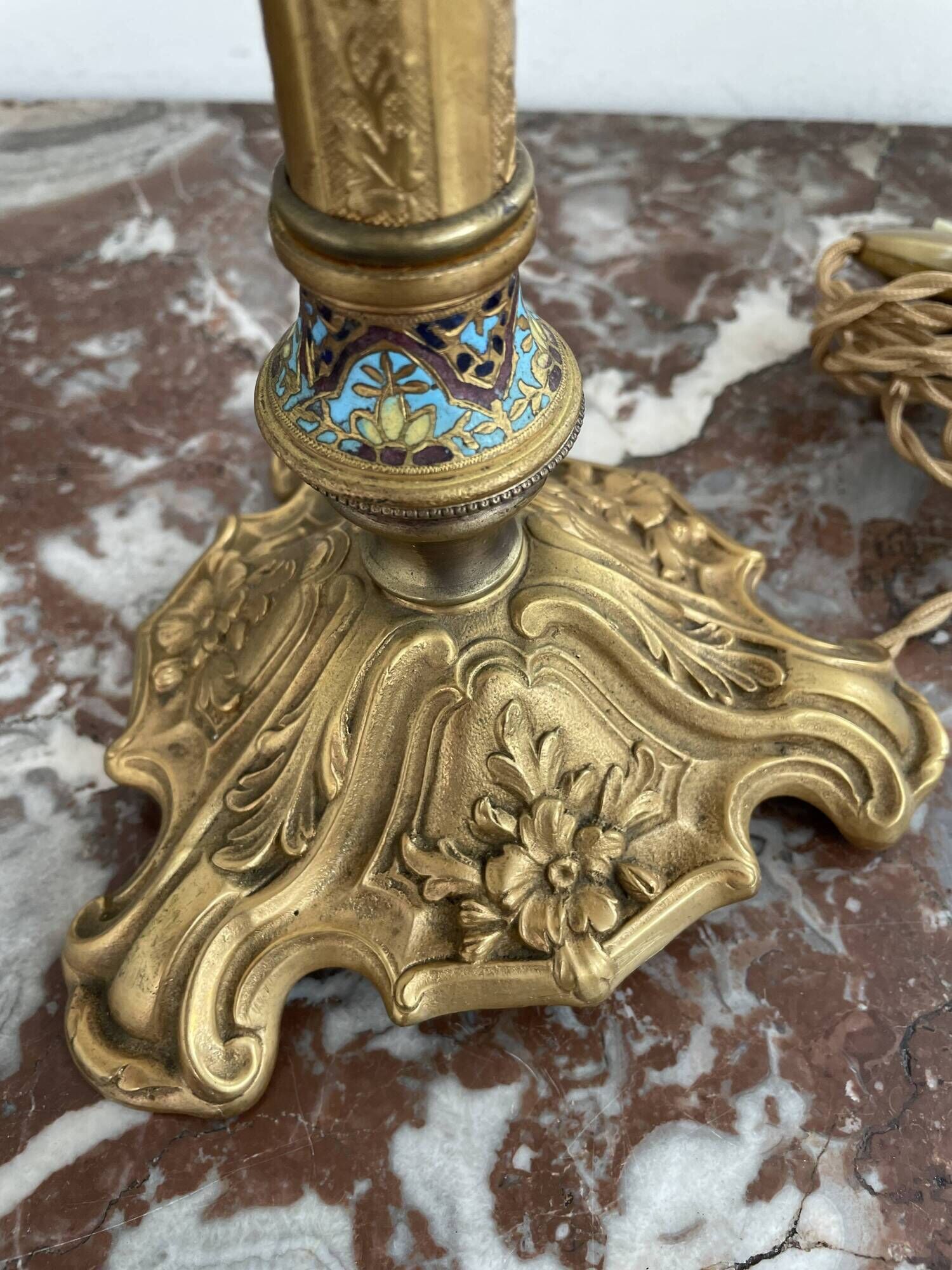 Antique, lamp, bronze, candle holder, gold, cloisonné enamel, ecru white lampshade, flower decor, leaf