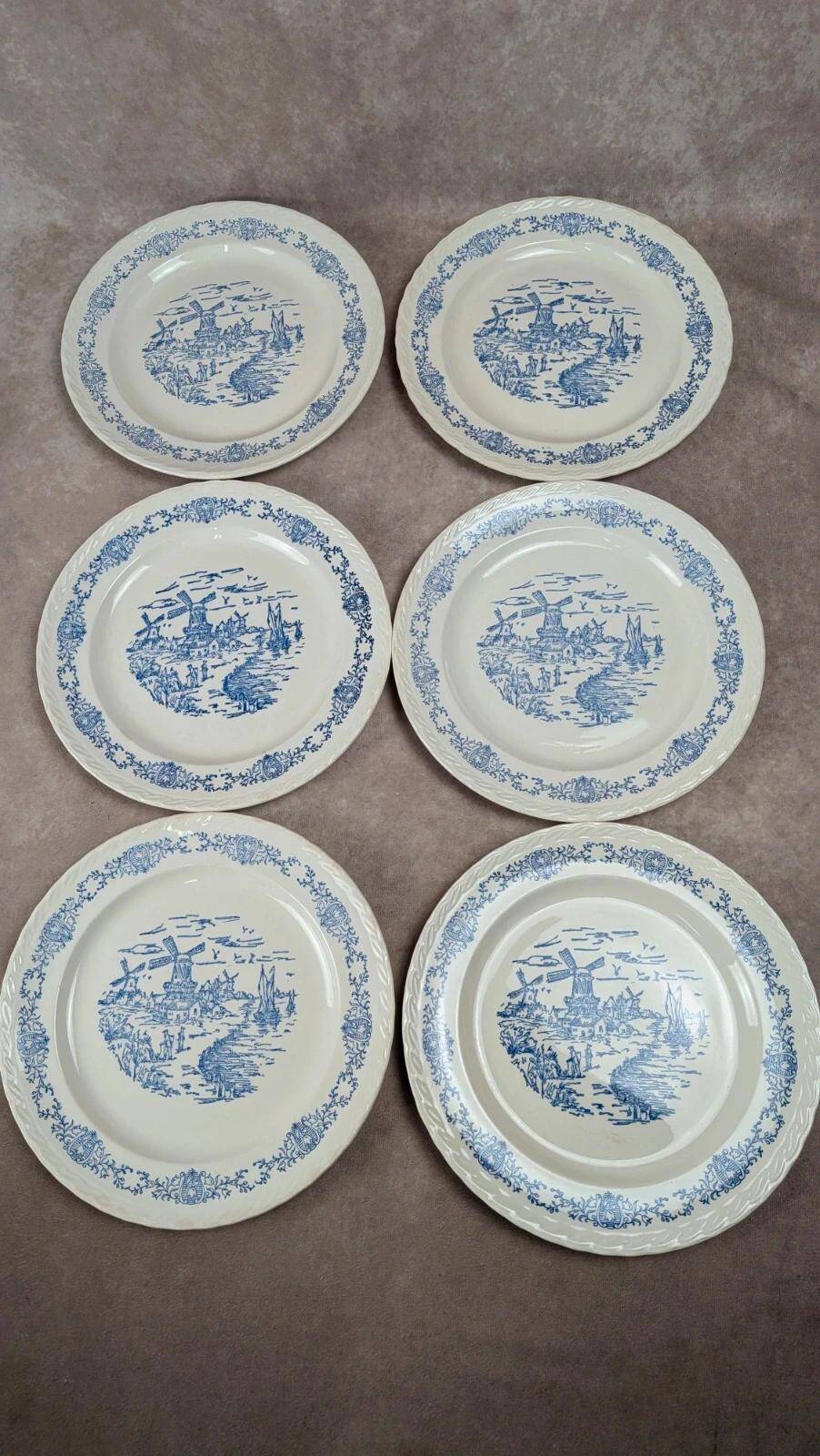 Set of 6 antique flat plates Rotterdam blue windmill design.