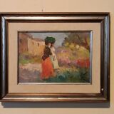 Oil painting of figures on panel in the Impressionist style from the 50s/60s.