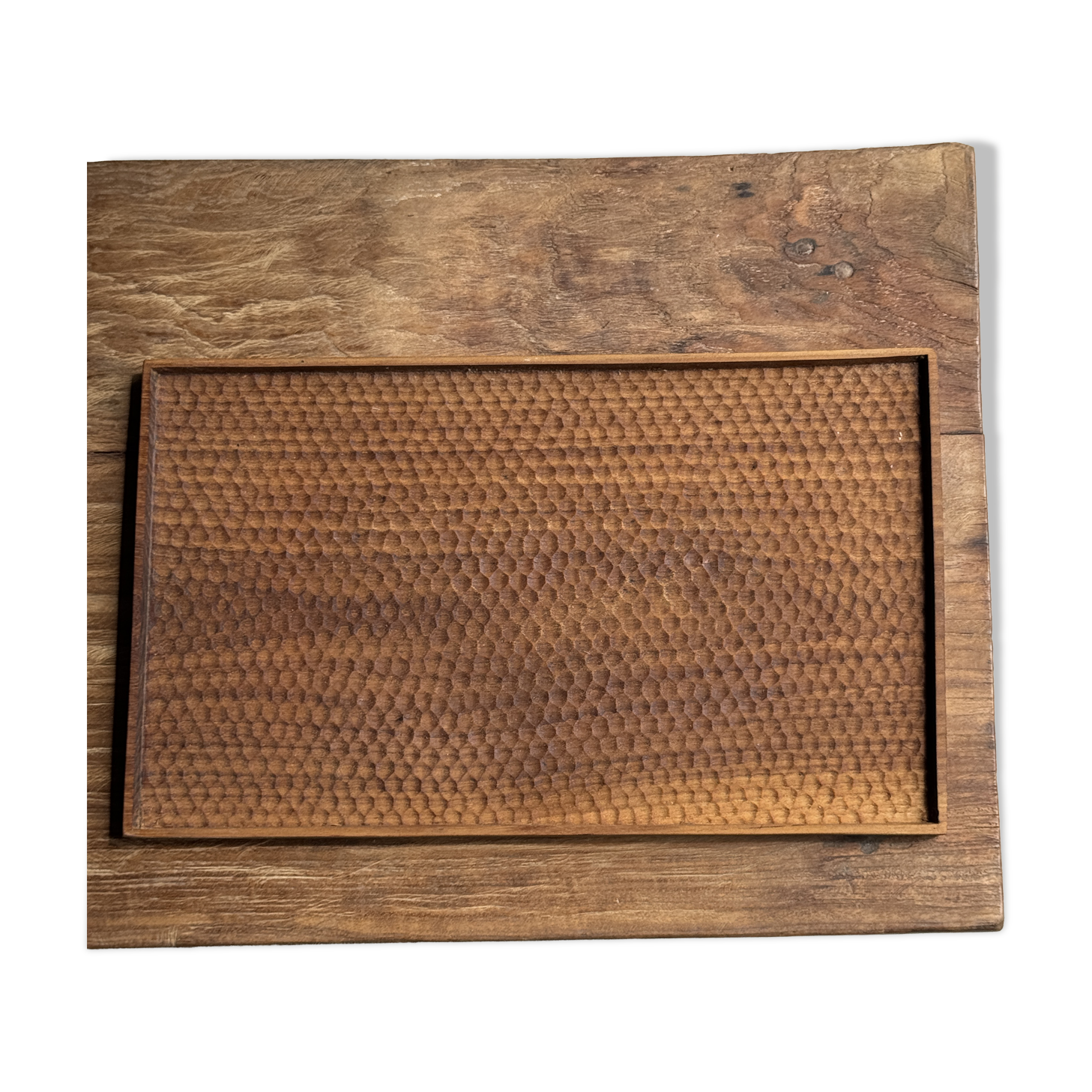 Rectangular solid teak tray with carved edges 40x25