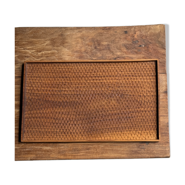 Plateau en teck massif rectangulaire à rebords sculpté 40x25