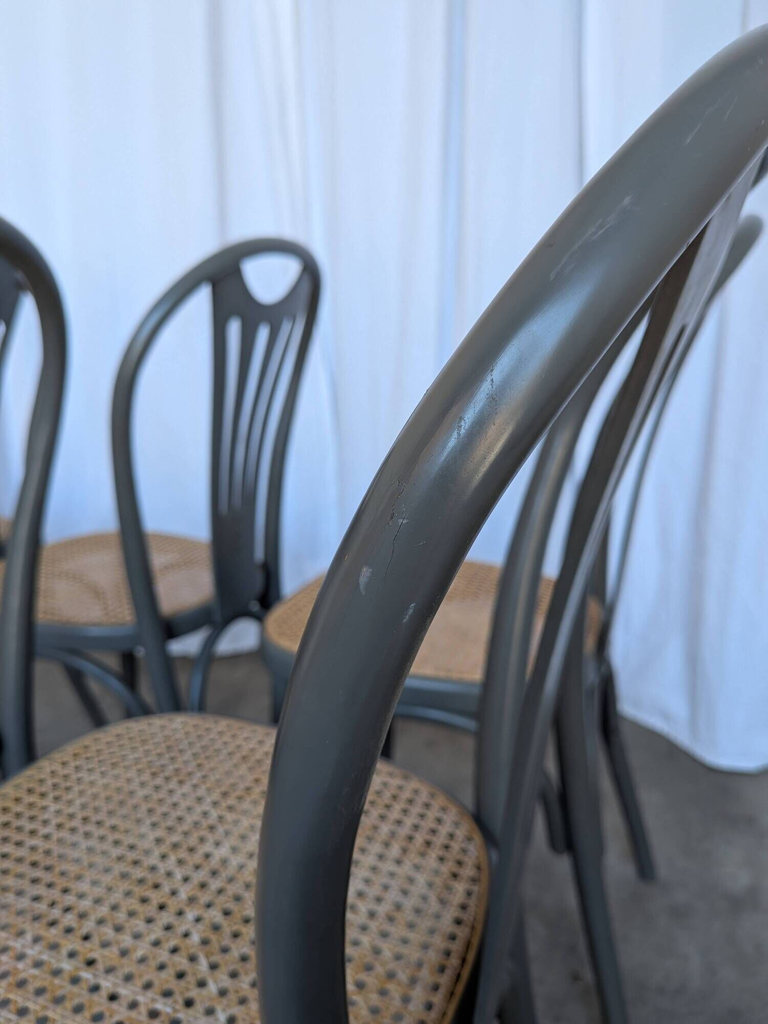 Set of 8 Vintage Gray Bentwood Dining Chair: Thonet Style Cane Seat