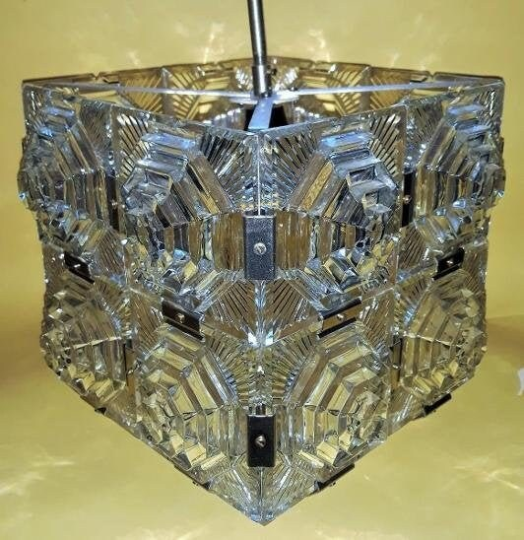Kamenicky Senov glass cube pendant, Mid-Century modernist Glass Crystal Kinkeldey Chandelier