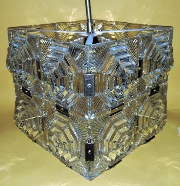 Pendentif Cube En Verre, Lustre En Cristal De Verre Kinkeldey Moderniste Du milieu Du Siècle