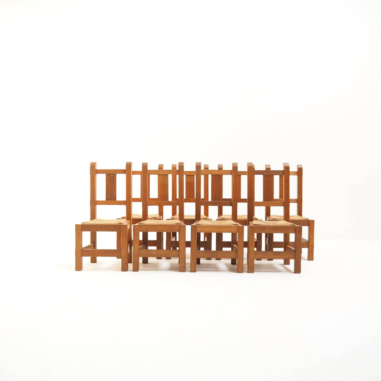 Set of Eight Handmade Solid Oak Chairs, 1970s