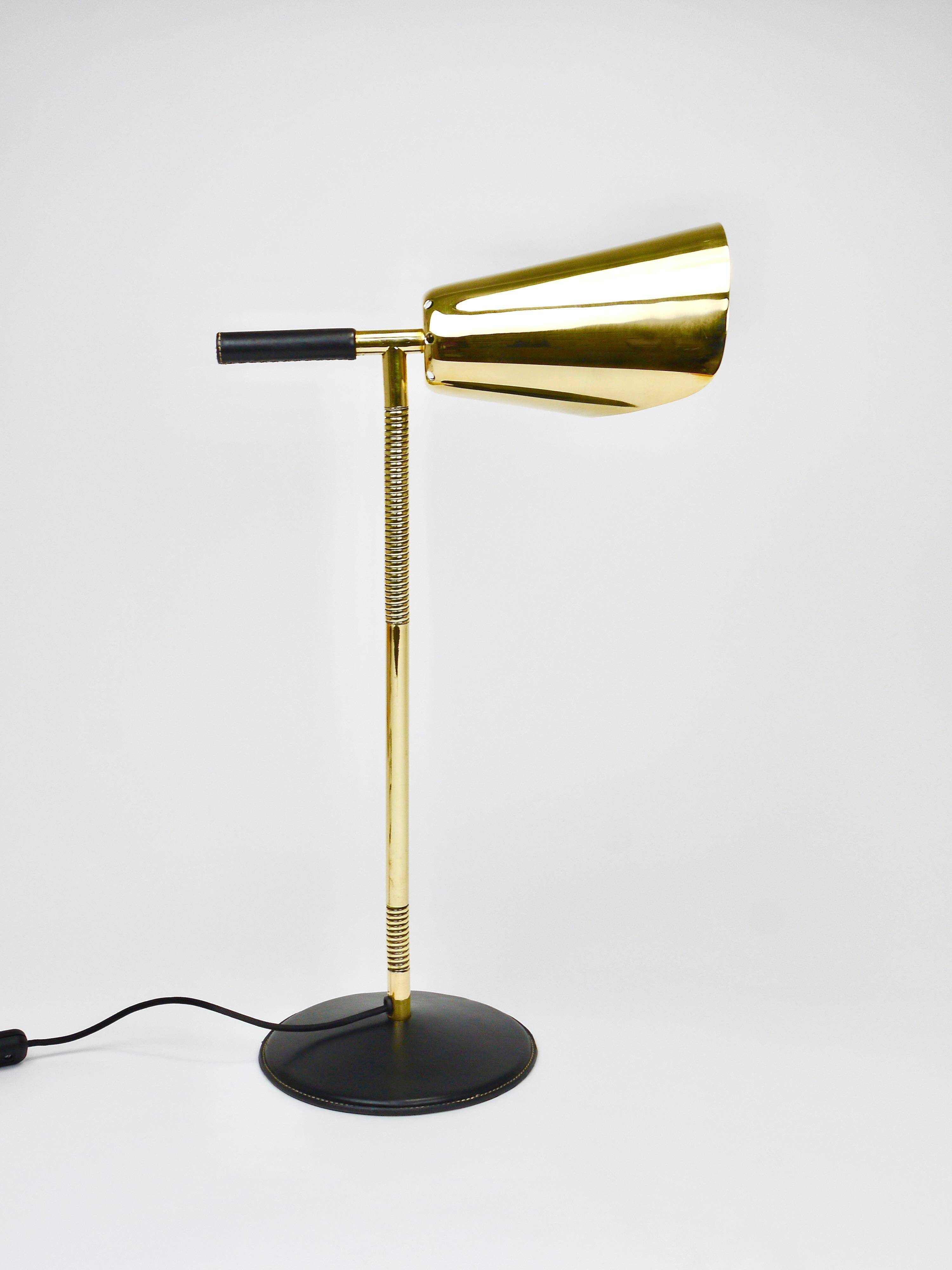Rare desk and table lamp in brass and leather by Carl Aubock II #4280, Vienna, Austria.