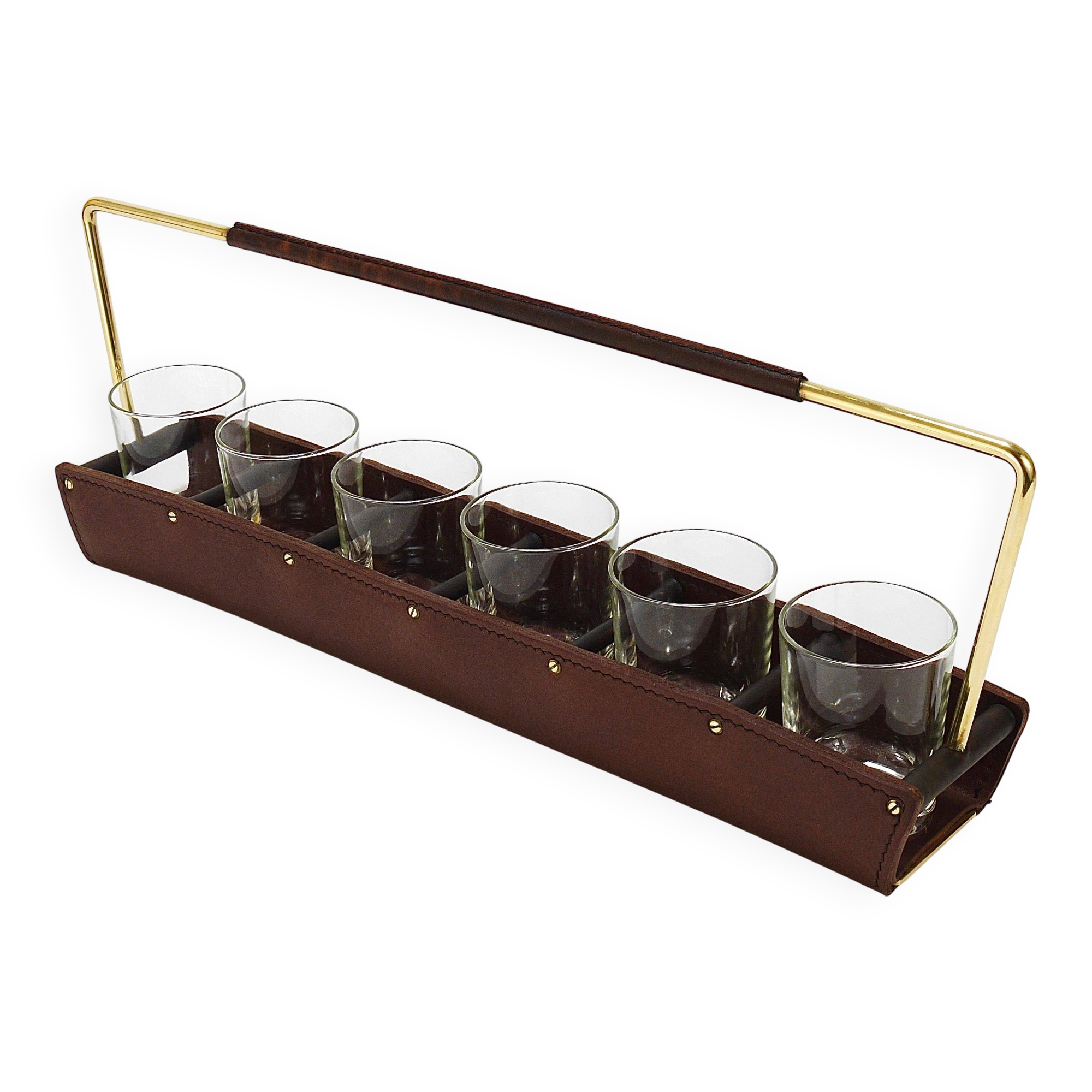 Carl Auböck II drinking glass holder, leather and brass, Austria 1950s