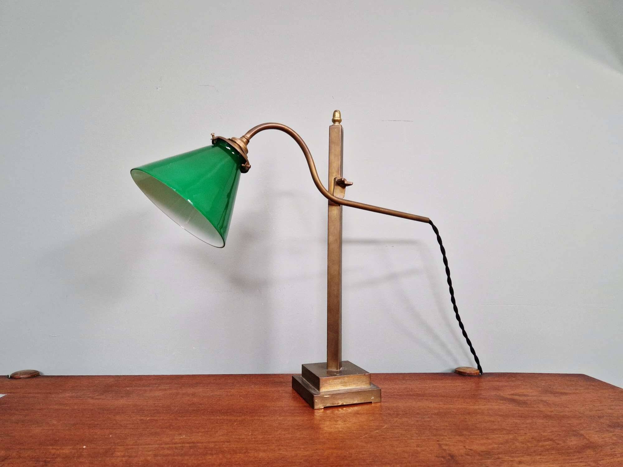 Bronze desk lamp with a green opaline conical shade, 1920.