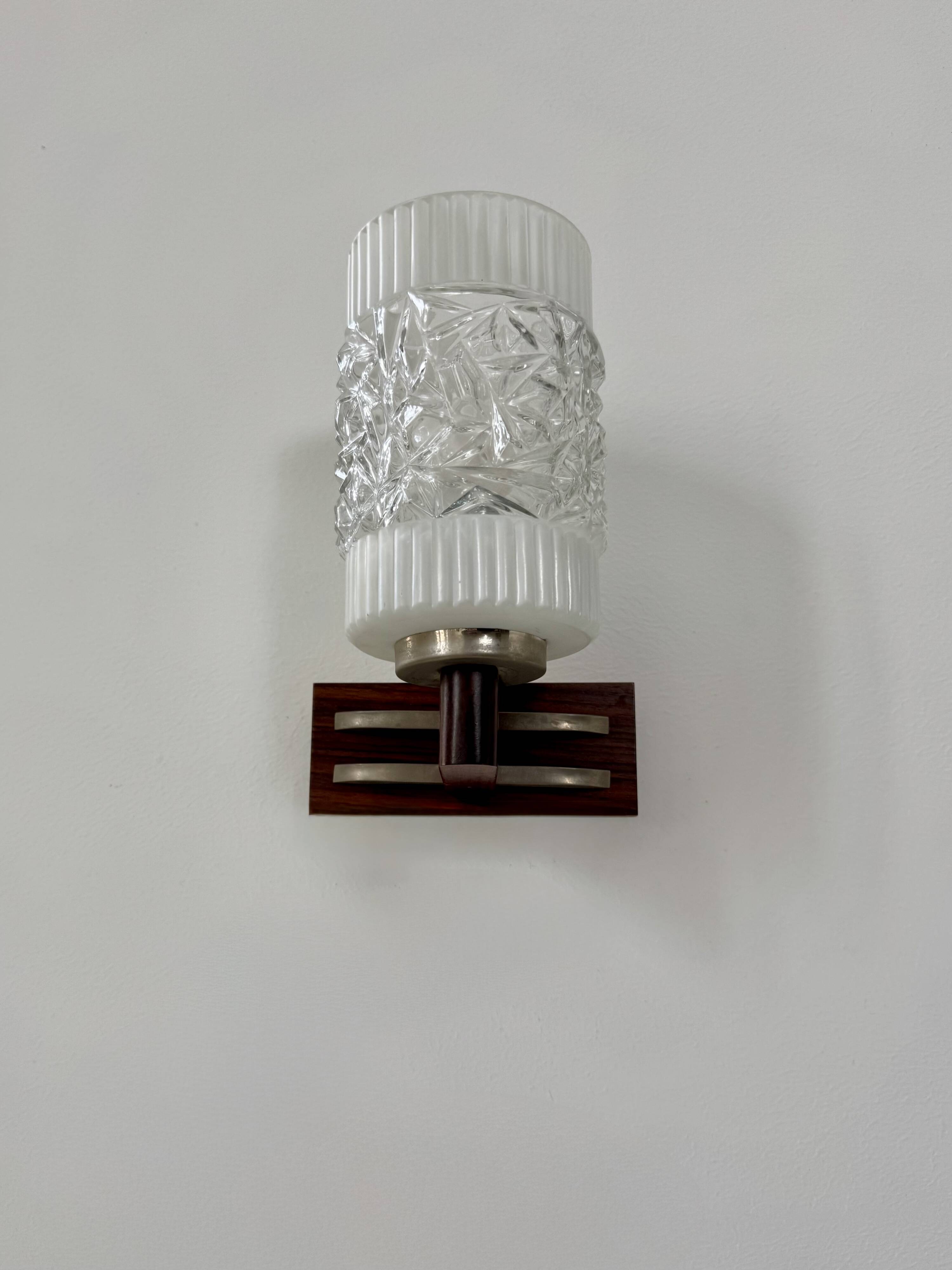 Pair of vintage wall lights, chrome, rosewood and pressed moulded glass, France