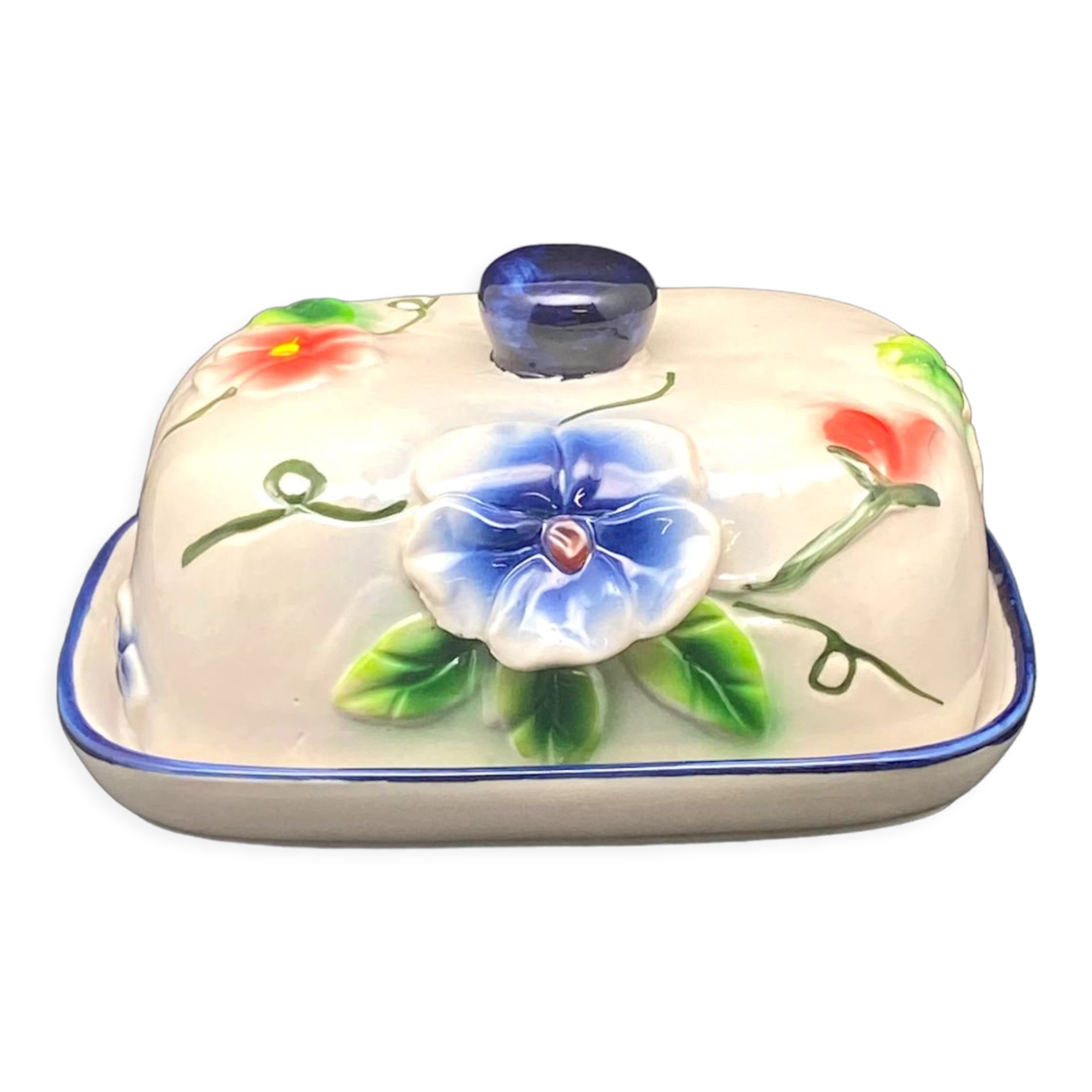 Ceramic butter dish with colored flowers