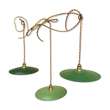 Lot of 3 vintage enamelled sheet metal lampshade pendants, industrial retro farmhouse
