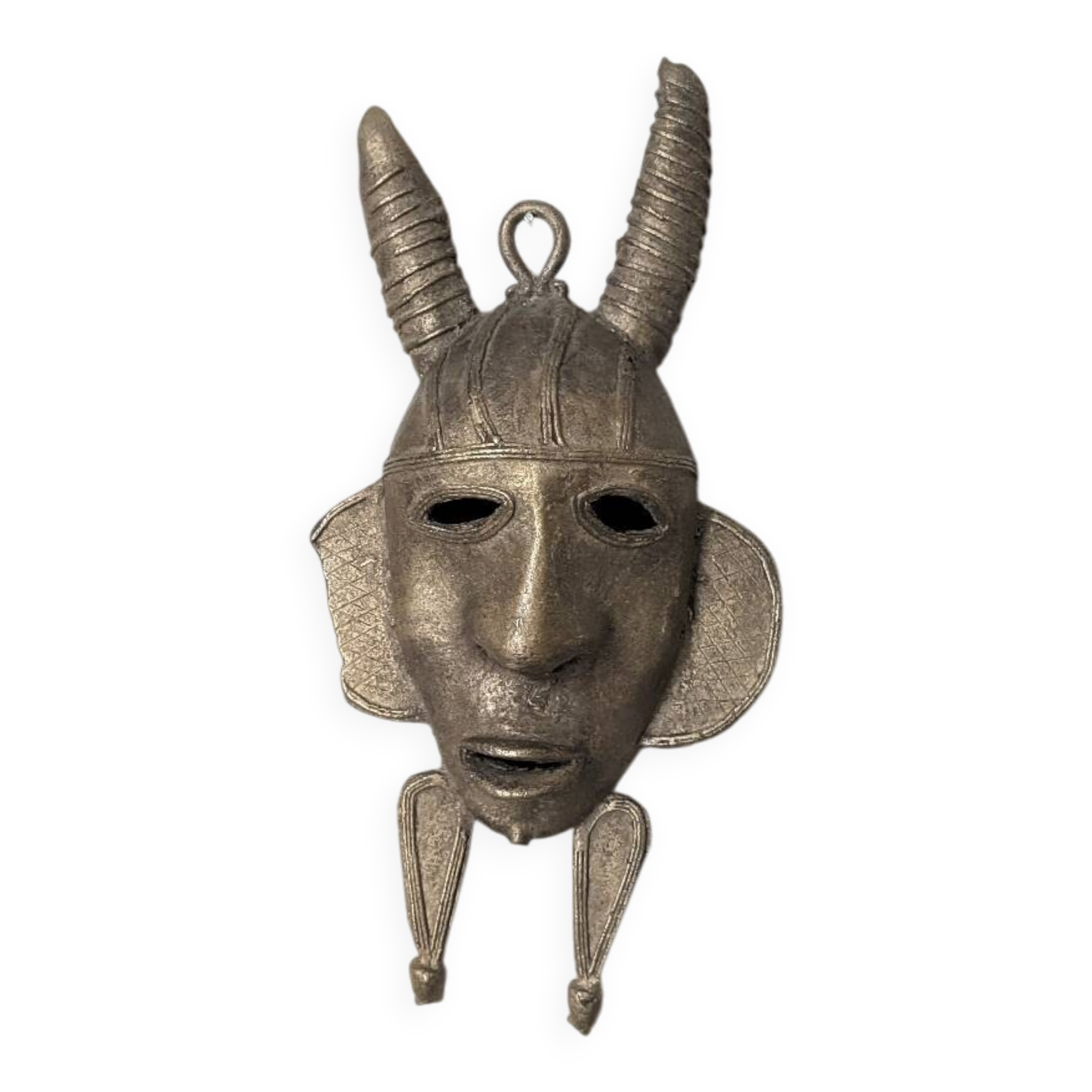 Handcrafted bronze wall mask, Sénoufo African art.