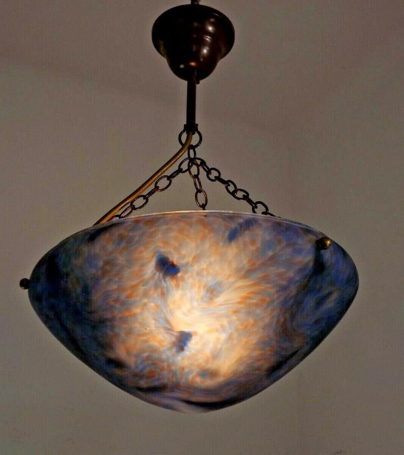 French Vintage Single Light Blue Art Glass Ceiling Light 3 Chains & Fitting