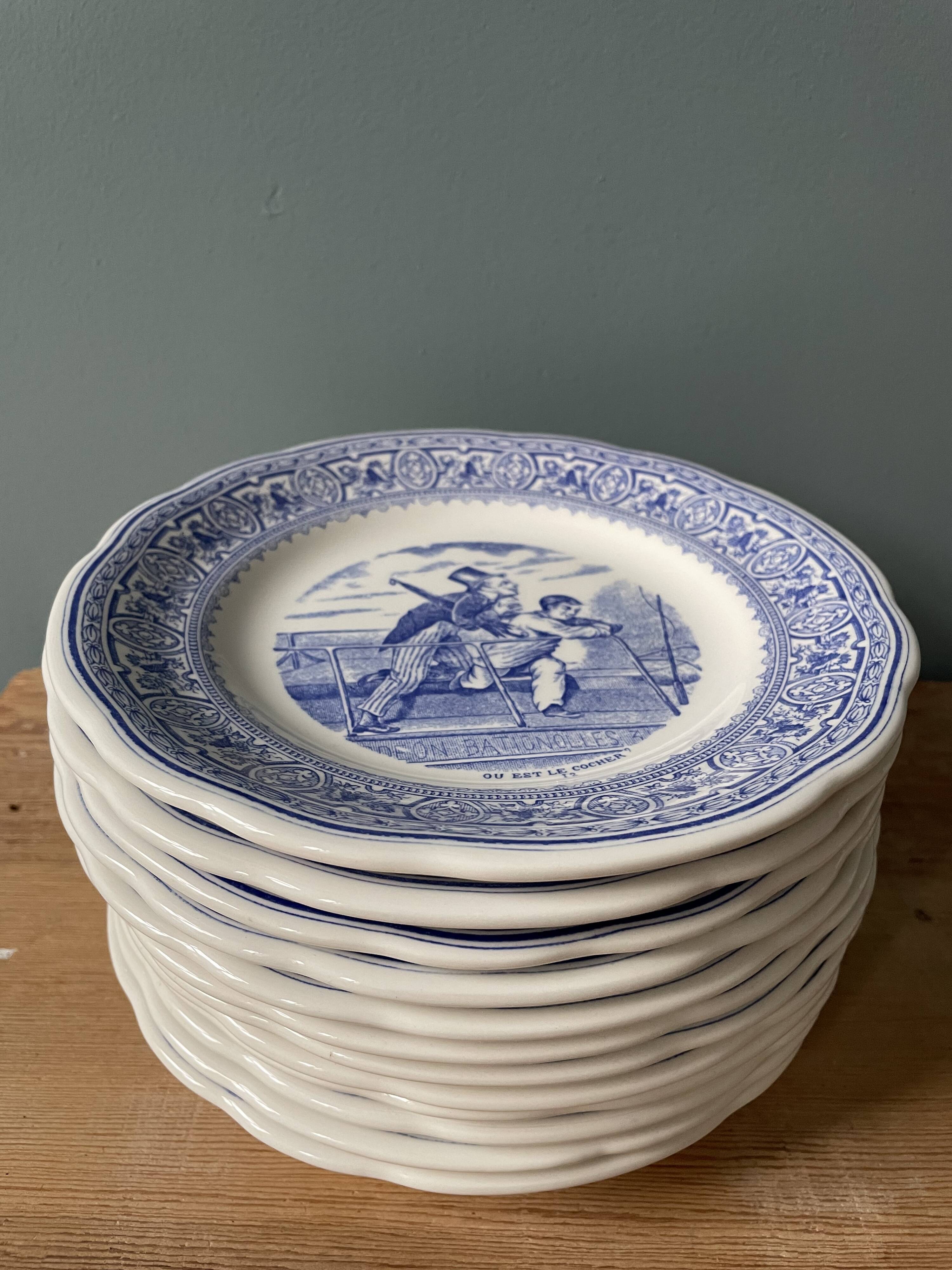 Complete set of 12 talking plates in Gien earthenware
