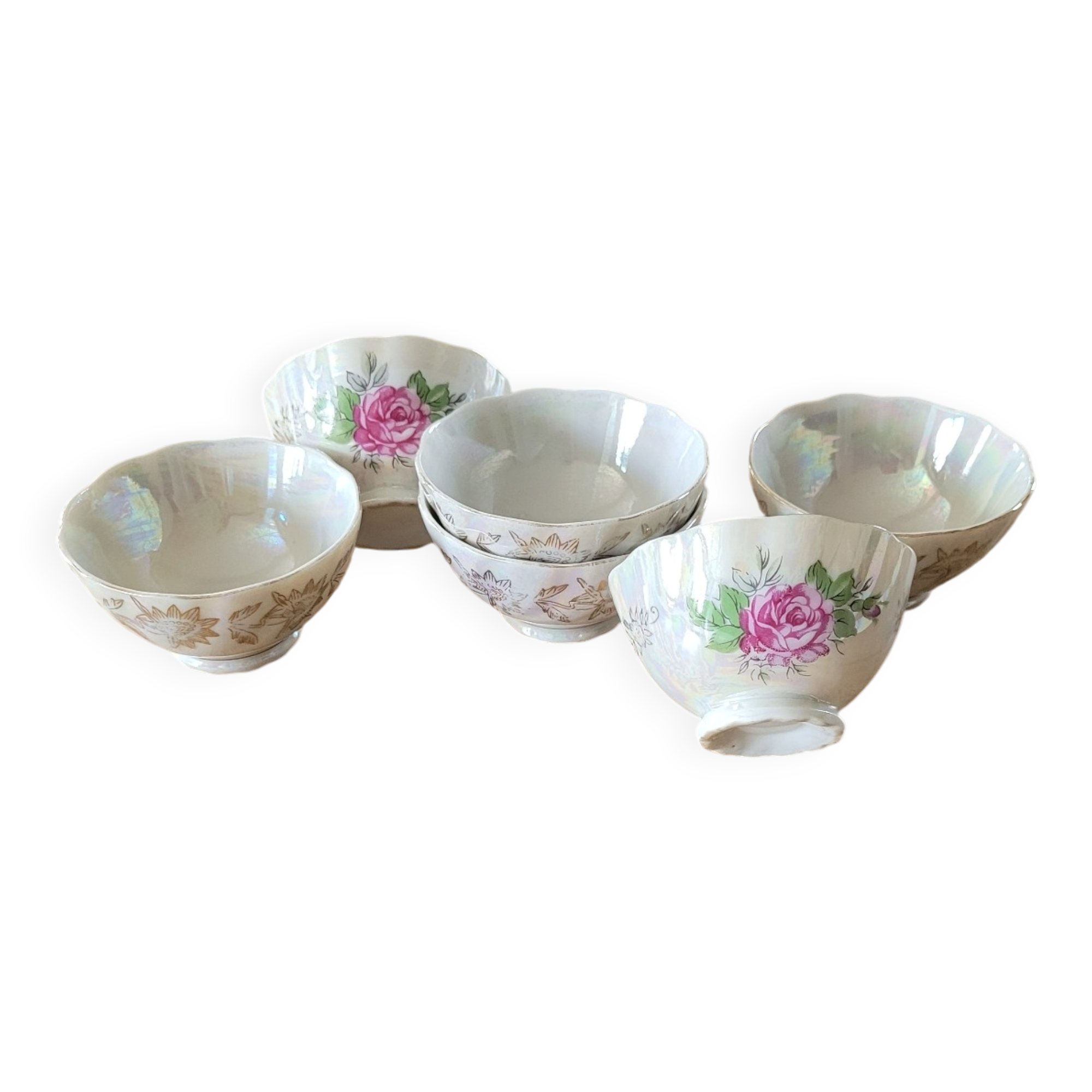 6 antique coffee cups in pearlescent porcelain