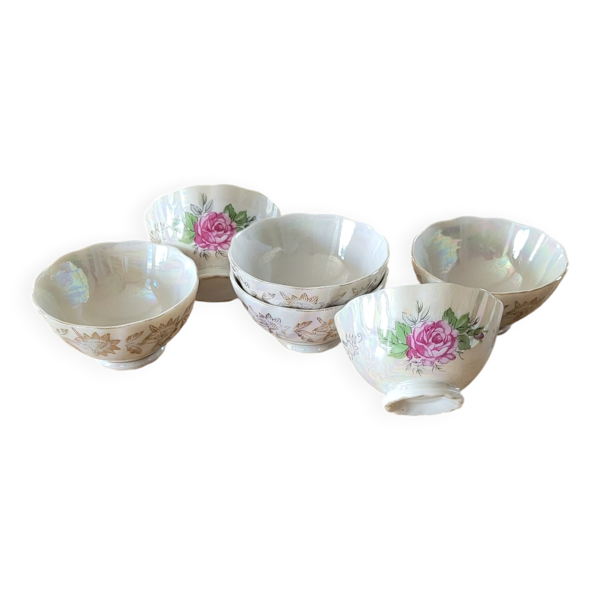 6 tasses à café anciennes en porcelaine nacrée