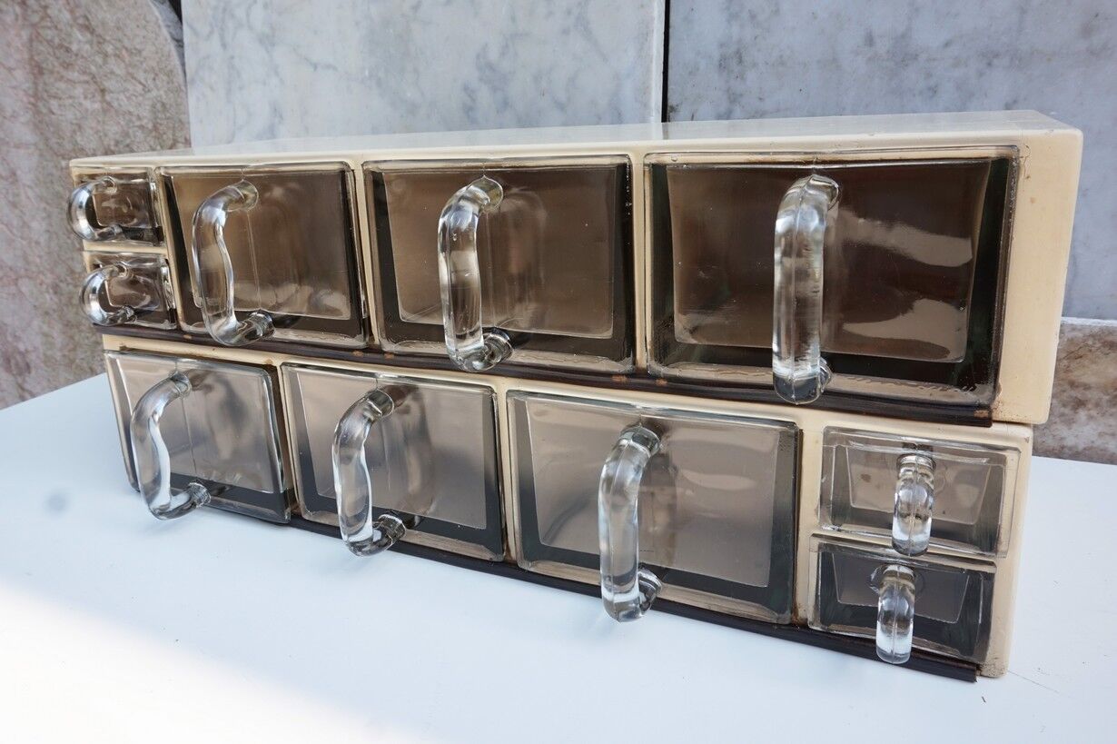 Vintage wood and glass kitchen container cabinets, set of 2