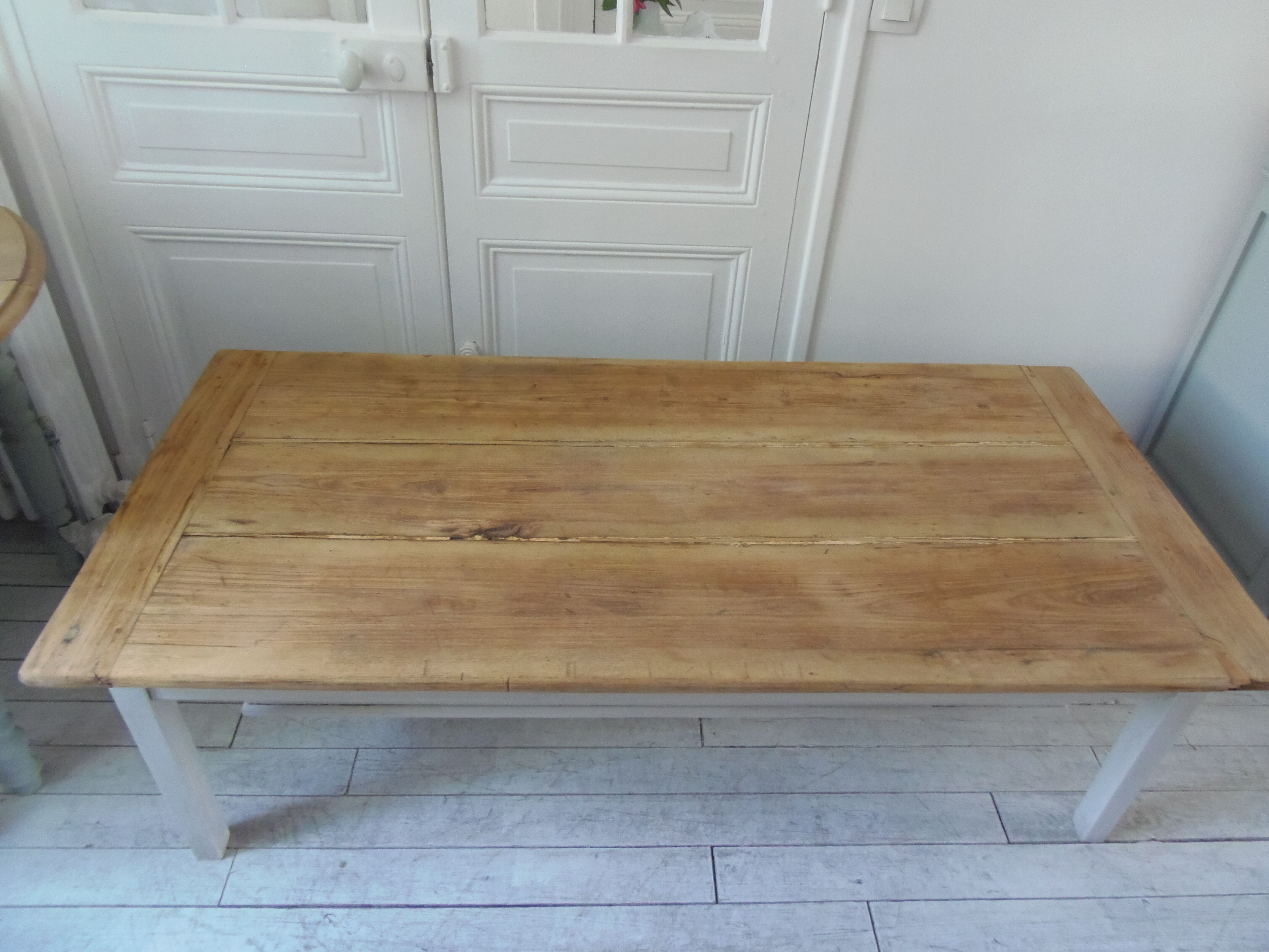 Coffee table made from an authentic farmhouse table, leg patinated pearl gray