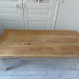 Coffee table made from an authentic farmhouse table, leg patinated pearl gray