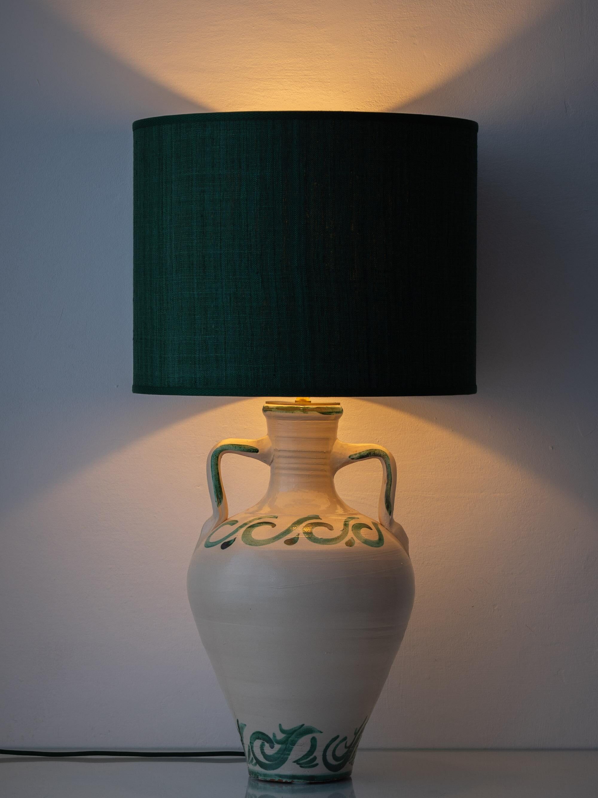 Spanish Revival Ceramic Table Lamp from Granada, New Green Silk Shade