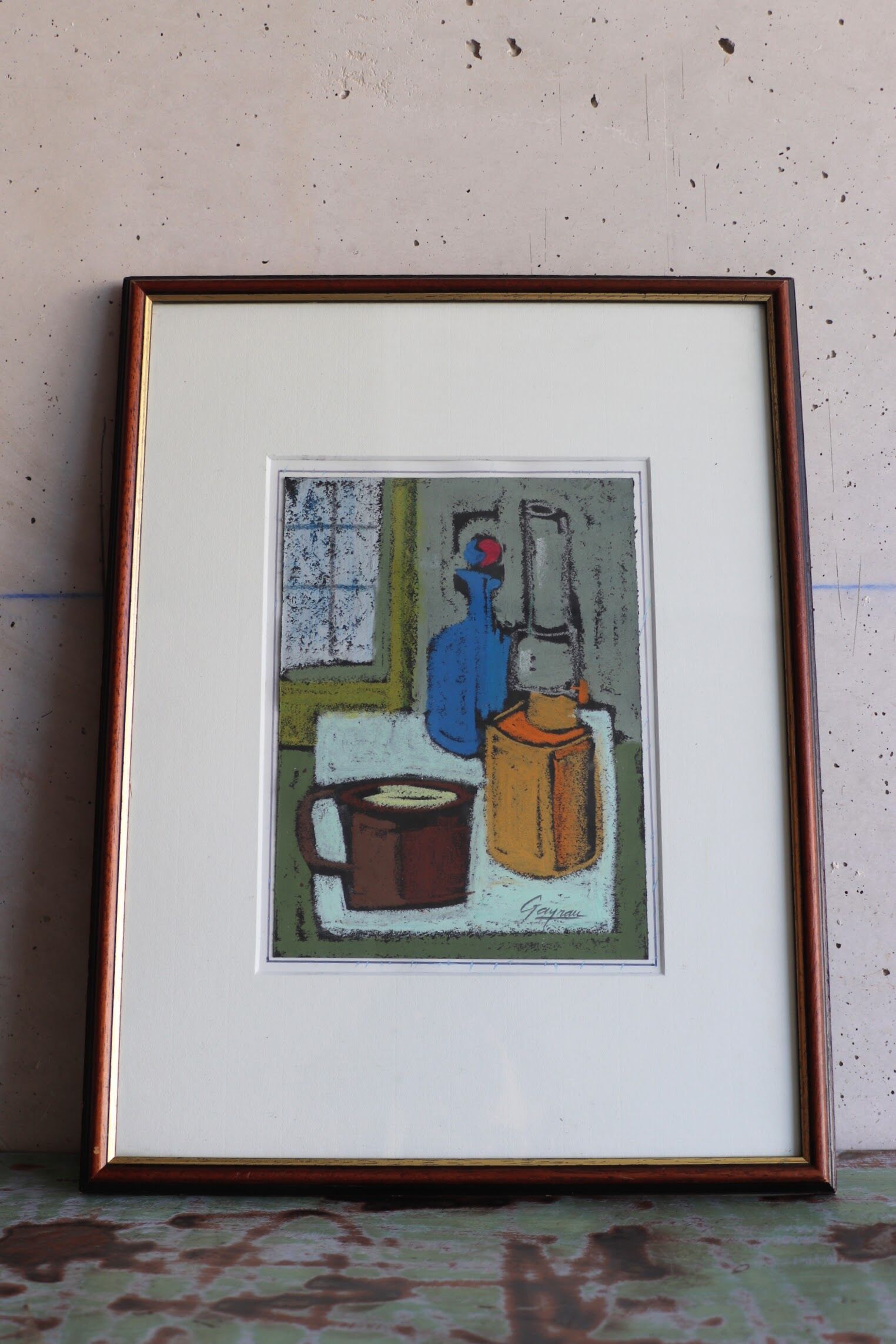 Still life cup and bottles signed Gayrau