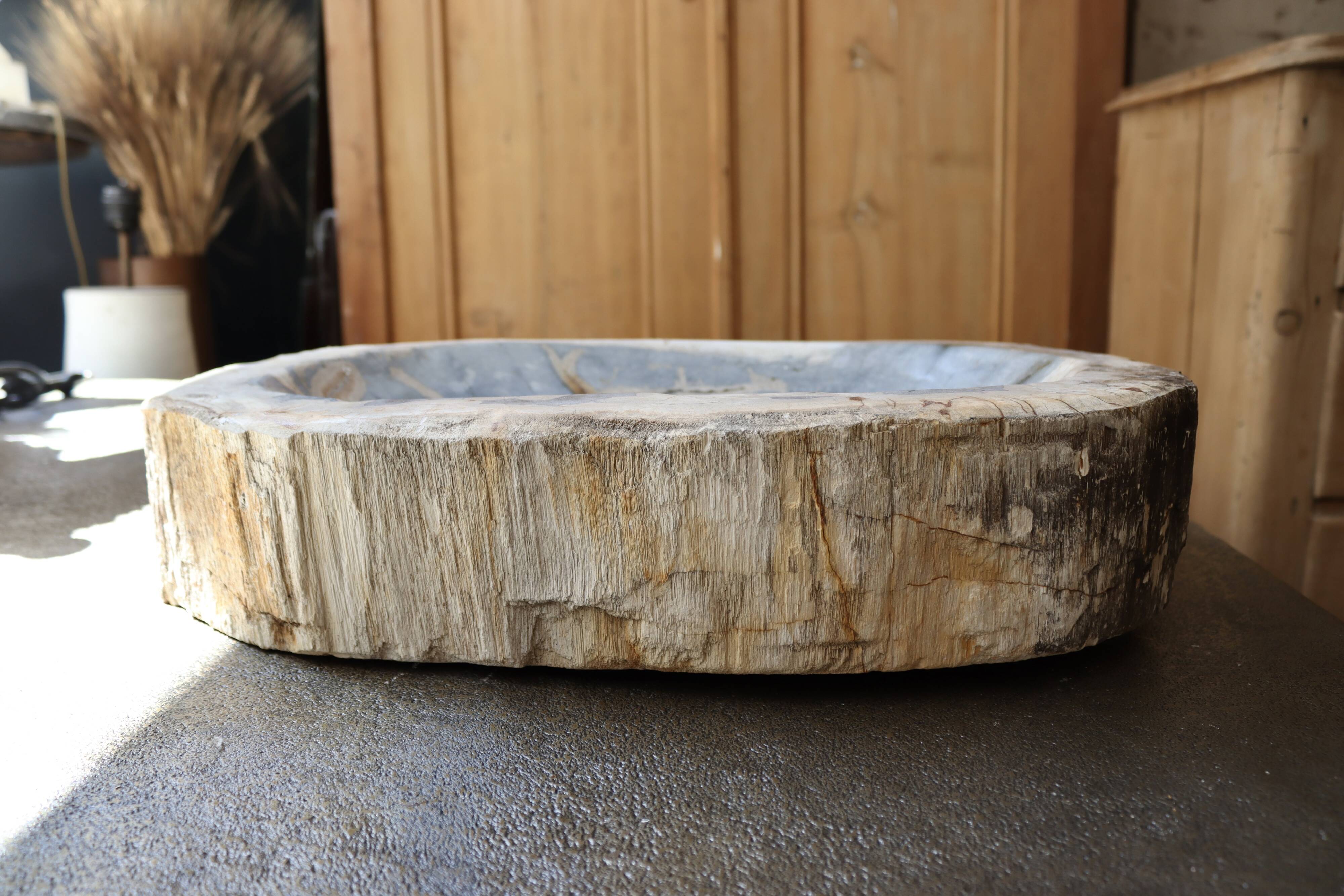 Épaisse tranche de bois pétrifié impressionnante sur un support personnalisé - Bois fossilisé - 34 cm - 33 cm (Sans prix de réserve